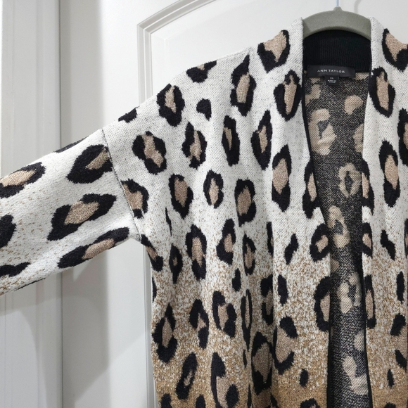 ANN TAYLOR White Gold Black Ombre Leopard Pocket Cardigan, Wool Blend, XS - Picture 4 of 12